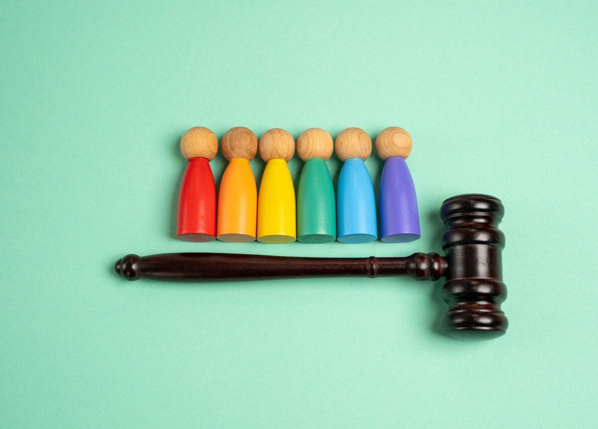 LGBT community and the judge's hammer. Concept of legislation, protection of rights and freedoms of sexual minorities. Legal protection, civil rights, legislative action supporting sexual minorities.